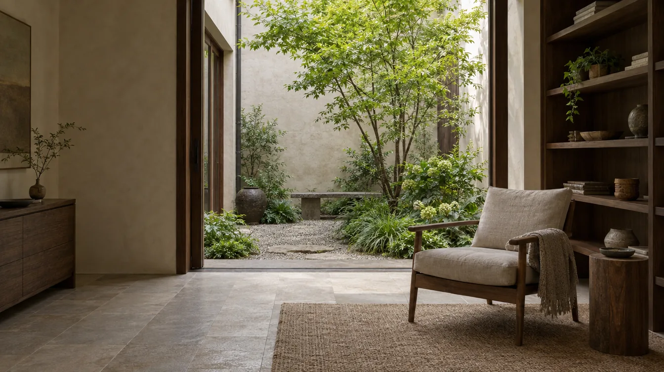 Daylight and garden views through the Courtyard House interior