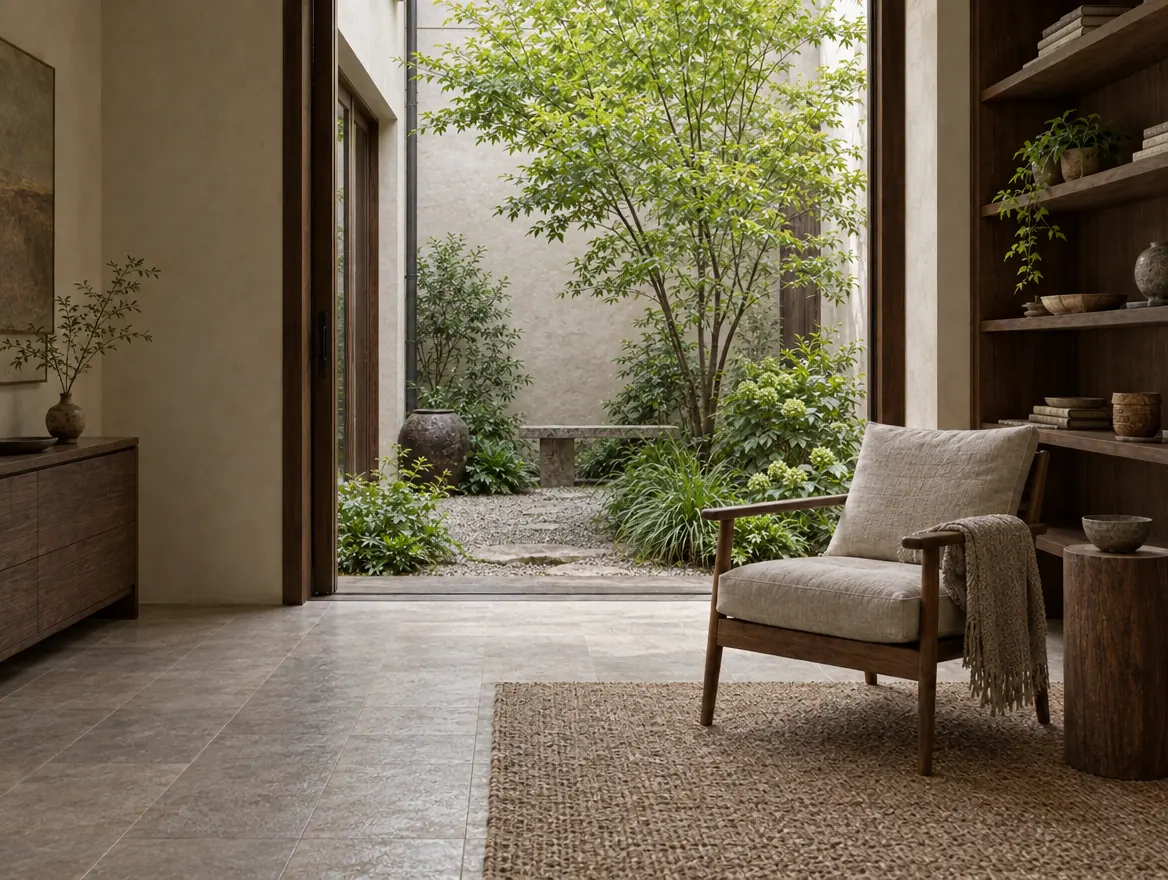 Daylight reaching a quiet interior threshold toward a small courtyard
