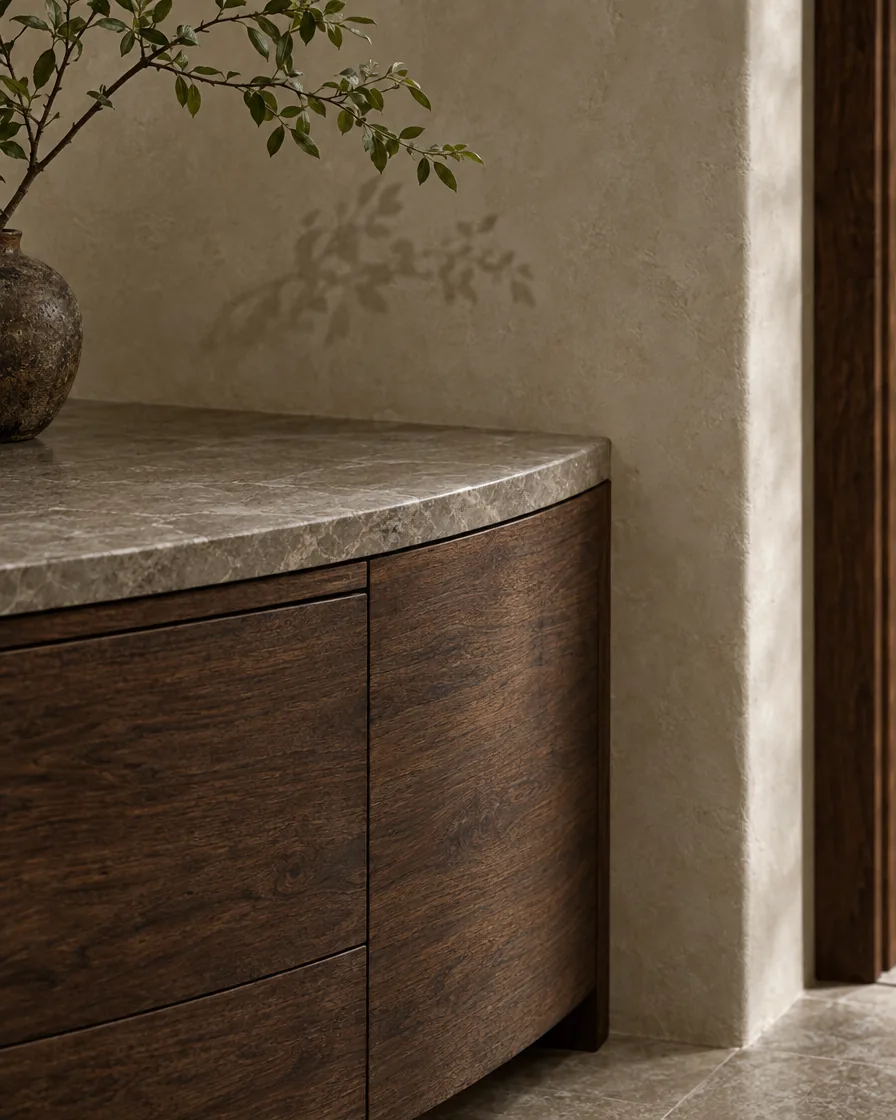 Close view of pale plaster meeting timber at a window seat