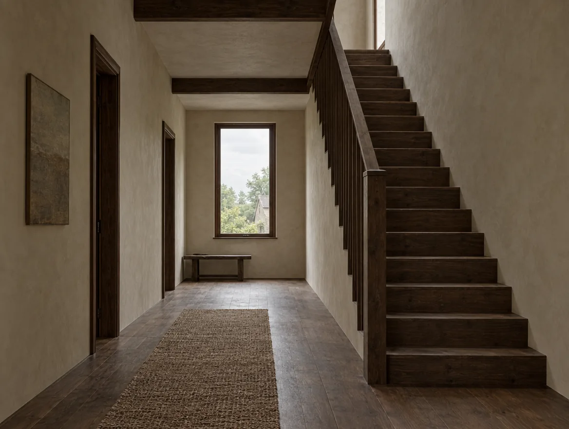 Long interior view through a narrow house toward a screened rear window