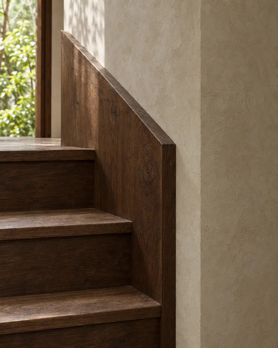 Timber stair landing with a built-in desk and high daylight