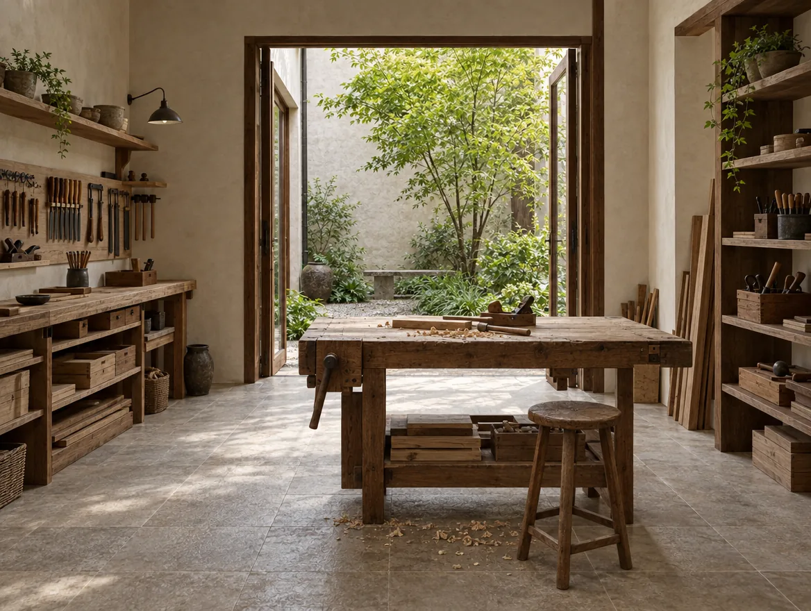 Workshop interior with a clean drawing table under north lights