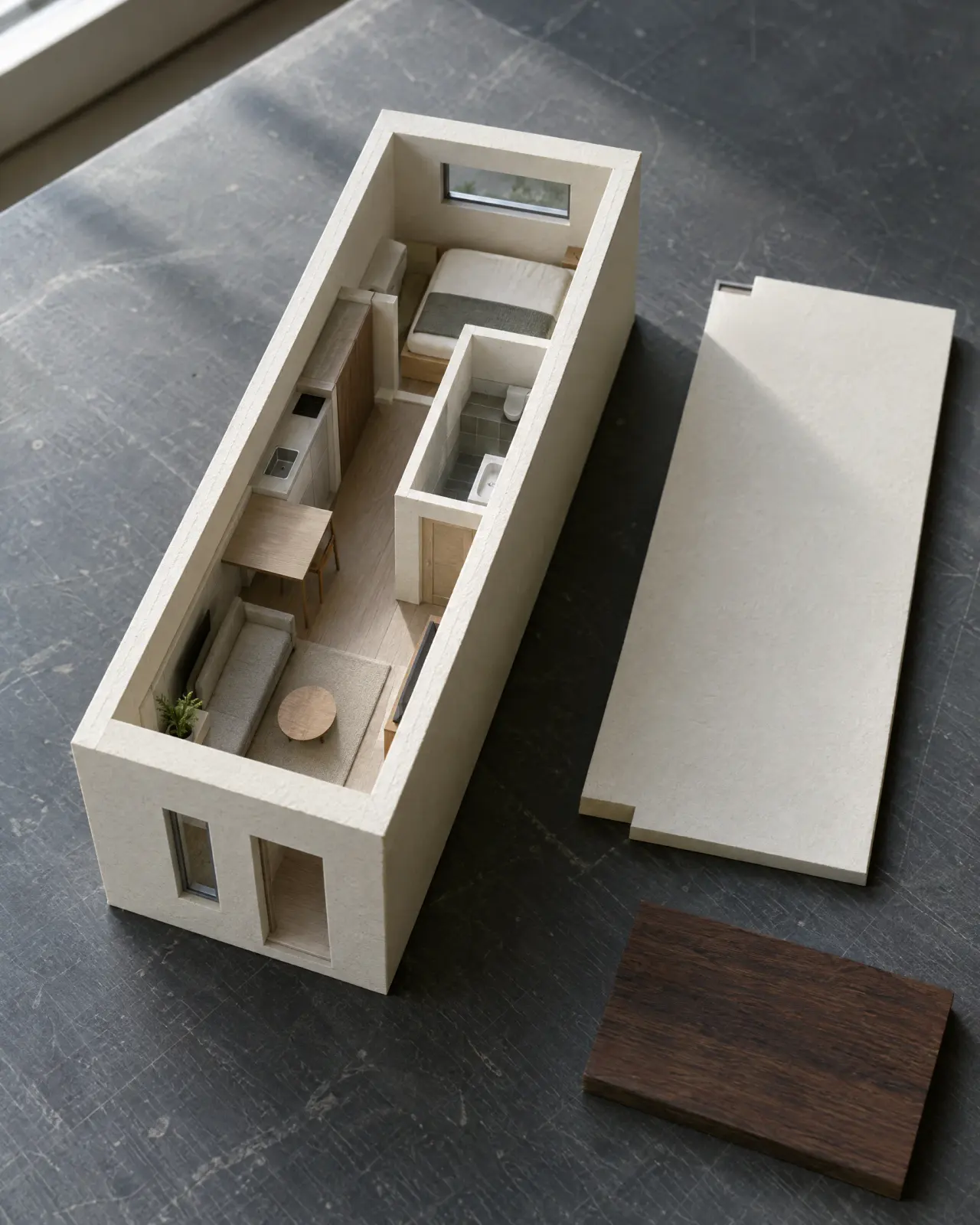 Carefully cut study model of a compact urban room
